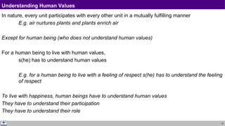 15
Understanding Human Values
In nature, every unit participates with every other unit in a mutually fulfilling manner
E.g. air nurtures plants and plants enrich air
Except for human being (who does not understand human values)
For a human being to live with human values,
s(he) has to understand human values
E.g. for a human being to live with a feeling of respect s(he) has to understand the feeling
of respect
To live with happiness, human beings have to understand human values
They have to understand their participation
They have to understand their role
 