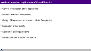24
Need and Important Implications of Value Education
 Correct identification of our aspirations.
 Develop a Holistic Perspective
 Clarity of Programme to Live with Holistic Perspective.
 Evaluation of our beliefs
 Solution of existing problems
 Development of Ethical Competence
 