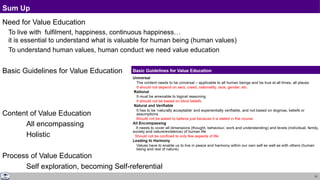 31
Sum Up
Need for Value Education
To live with fulfilment, happiness, continuous happiness…
it is essential to understand what is valuable for human being (human values)
To understand human values, human conduct we need value education
Basic Guidelines for Value Education
Content of Value Education
All encompassing
Holistic
Process of Value Education
Self exploration, becoming Self-referential
 