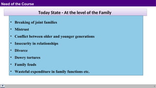3
Need of the Course
Today State - At the level of the Family
• Breaking of joint families
• Mistrust
• Conflict between older and younger generations
• Insecurity in relationships
• Divorce
• Dowry tortures
• Family feuds
• Wasteful expenditure in family functions etc.
 