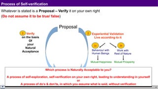 42
Process of Self-verification
Whatever is stated is a Proposal – Verify it on your own right
(Do not assume it to be true/ false)
Proposal
Verify
on the basis
Of
your
Natural
Acceptance Work with
Rest of Nature
Mutual Prosperity
Experiential Validation
Live according to it
Behaviour with
Human Beings
Mutual Happiness
2
1
2a 2b
RIGHT
UNDERSTANDING
Which process is Naturally Acceptable to you?
A process of self-exploration, self-verification on your own right, leading to understanding in yourself
or
A process of do’s & don’ts, in which you assume what is said, without verification
 