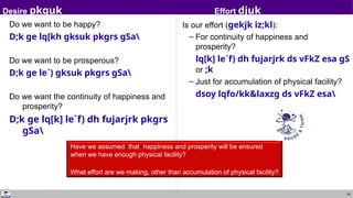 49
Do we want to be happy?
D;k ge lq[kh gksuk pkgrs gSa
Do we want to be prosperous?
D;k ge le`) gksuk pkgrs gSa
Do we want the continuity of happiness and
prosperity?
D;k ge lq[k] le`f) dh fujarjrk pkgrs
gSa
Is our effort (gekjk iz;kl):
– For continuity of happiness and
prosperity?
lq[k] le`f) dh fujarjrk ds vFkZ esa gS
or ;k
– Just for accumulation of physical facility?
dsoy lqfo/kk&laxzg ds vFkZ esa
Desire pkguk Effort djuk
Have we assumed that happiness and prosperity will be ensured
when we have enough physical facility?
What effort are we making, other than accumulation of physical facility?
 