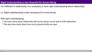 58
Right Understanding is also Essential for Human Being
For fulfilment in relationship, it is necessary to have right understanding about relationship
i.e. Right understanding is also necessary for human being
With right understanding:
 We have clarity about relationship with human being; we are able to fulfil relationship
 We also have clarity about how much physical facility we need
 