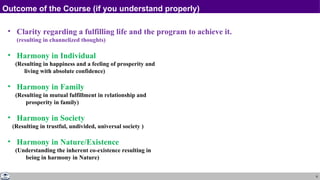 6
• Clarity regarding a fulfilling life and the program to achieve it.
(resulting in channelized thoughts)
• Harmony in Individual
(Resulting in happiness and a feeling of prosperity and
living with absolute confidence)
• Harmony in Family
(Resulting in mutual fulfillment in relationship and
prosperity in family)
• Harmony in Society
(Resulting in trustful, undivided, universal society )
• Harmony in Nature/Existence
(Understanding the inherent co-existence resulting in
being in harmony in Nature)
Outcome of the Course (if you understand properly)
 