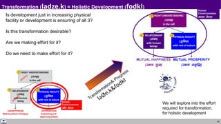 68
Transformation (ladze.k) = Holistic Development (fodkl)
Transformation&
Progress
laØe.k&fodkl
Is development just in increasing physical
facility or development is ensuring of all 3?
Is this transformation desirable?
Are we making effort for it?
Do we need to make effort for it?
We will explore into the effort
required for transformation,
for holistic development
 