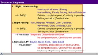 85
Sources of Happiness
1. Right Understanding
Harmony at all levels of being
Human Being, Family, Society, Nature/Existence
– in Self (I) Definite completion point, Continuity is possible,
Self-organization (Swatantrata)
2. Right Feeling Trust, Respect, Affection, Care, Guidance,
Reverence, Glory, Gratitude, Love
– in Self (I) Definite completion point, Continuity is possible,
Self-organization (Swatantrata)
– From Other Temporary, Dependence on Other,
No completion point, Continuity not possible
3. Sensation, PF Sound, Touch, Form, Taste, Smell
– Through Body Temporary, Dependence on Body & Other,
No completion point, Continuity not possible
Tasty-Necessary  Tasty-Unnecessary  Tasteless-Unnecessary  Intolerable
 