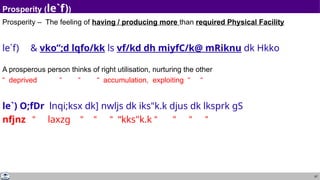 87
Prosperity (le`f))
Prosperity – The feeling of having / producing more than required Physical Facility
le`f) & vko”;d lqfo/kk ls vf/kd dh miyfC/k@ mRiknu dk Hkko
A prosperous person thinks of right utilisation, nurturing the other
“ deprived “ “ “ accumulation, exploiting “ “
le`) O;fDr lnqi;ksx dk] nwljs dk iks"k.k djus dk lksprk gS
nfjnz “ laxzg “ “ “ “kks"k.k “ “ “ “
 