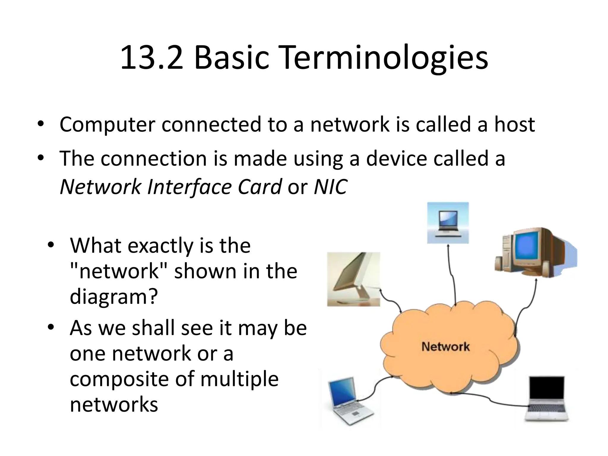 13.2 Basic Terminologies
• Computer connected to a network is called a host
• The connection is made using a device called a
Network Interface Card or NIC
• What exactly is the
"network" shown in the
diagram?
• As we shall see it may be
one network or a
composite of multiple
networks
 