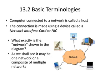 13.2 Basic Terminologies
• Computer connected to a network is called a host
• The connection is made using a device called a
Network Interface Card or NIC
• What exactly is the
"network" shown in the
diagram?
• As we shall see it may be
one network or a
composite of multiple
networks
 