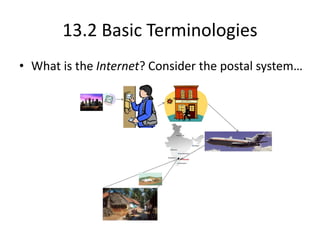 13.2 Basic Terminologies
• What is the Internet? Consider the postal system…
 