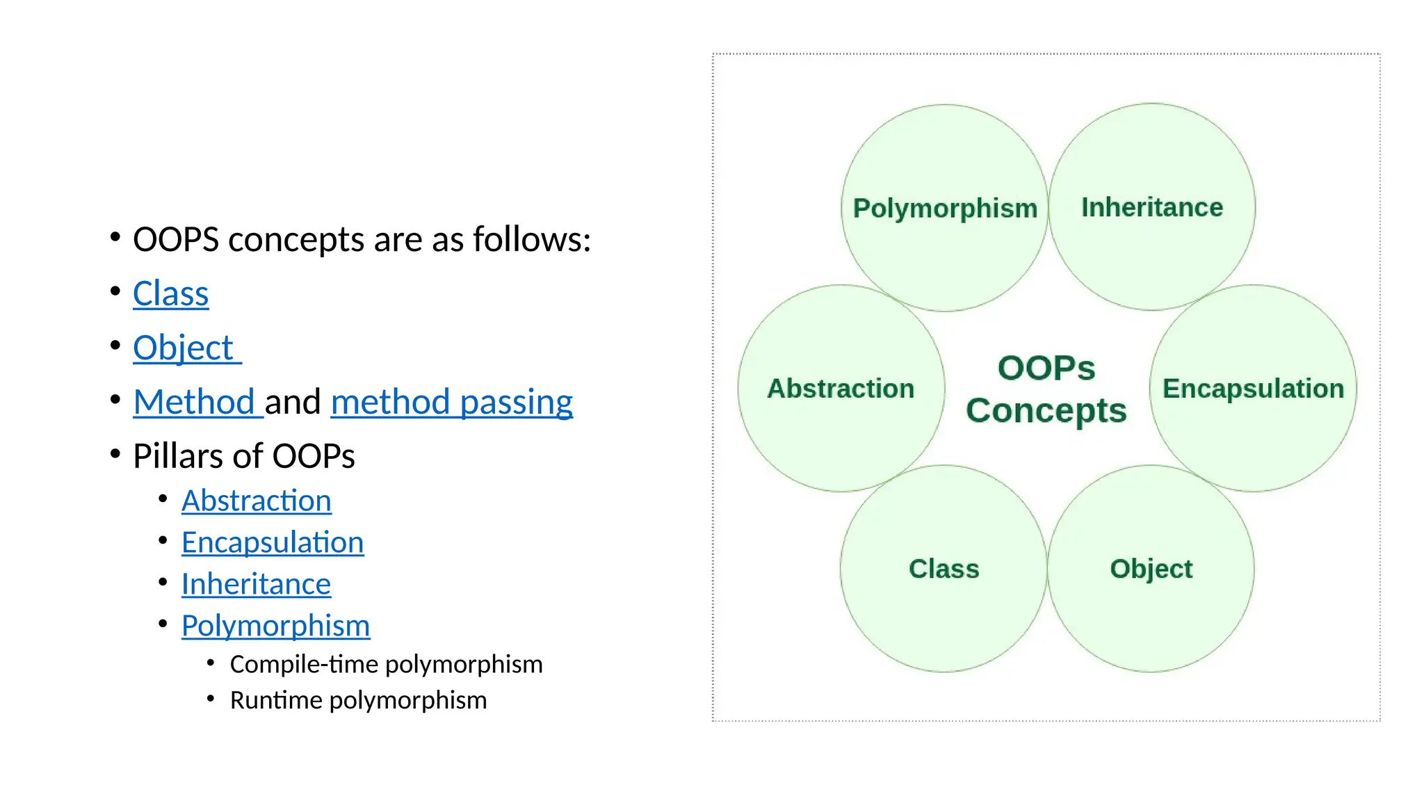 • OOPS concepts are as follows:
• Class
• Object
• Method and method passing
• Pillars of OOPs
• Abstraction
• Encapsulation
• Inheritance
• Polymorphism
• Compile-time polymorphism
• Runtime polymorphism
 