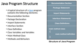 Java Program Structure
• A typical structure of a Java program
contains the following elements:
• Documentation Section
• Package Declaration
• Import Statements
• Interface Section
• Class Definition
• Class Variables and Variables
• Main Method Class
• Methods and Behaviors
 