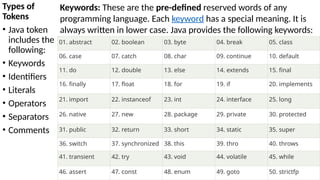 Types of
Tokens
• Java token
includes the
following:
• Keywords
• Identifiers
• Literals
• Operators
• Separators
• Comments
Keywords: These are the pre-defined reserved words of any
programming language. Each keyword has a special meaning. It is
always written in lower case. Java provides the following keywords:
01. abstract 02. boolean 03. byte 04. break 05. class
06. case 07. catch 08. char 09. continue 10. default
11. do 12. double 13. else 14. extends 15. final
16. finally 17. float 18. for 19. if 20. implements
21. import 22. instanceof 23. int 24. interface 25. long
26. native 27. new 28. package 29. private 30. protected
31. public 32. return 33. short 34. static 35. super
36. switch 37. synchronized 38. this 39. thro 40. throws
41. transient 42. try 43. void 44. volatile 45. while
46. assert 47. const 48. enum 49. goto 50. strictfp
 