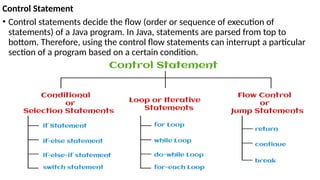 Control Statement
• Control statements decide the flow (order or sequence of execution of
statements) of a Java program. In Java, statements are parsed from top to
bottom. Therefore, using the control flow statements can interrupt a particular
section of a program based on a certain condition.
 