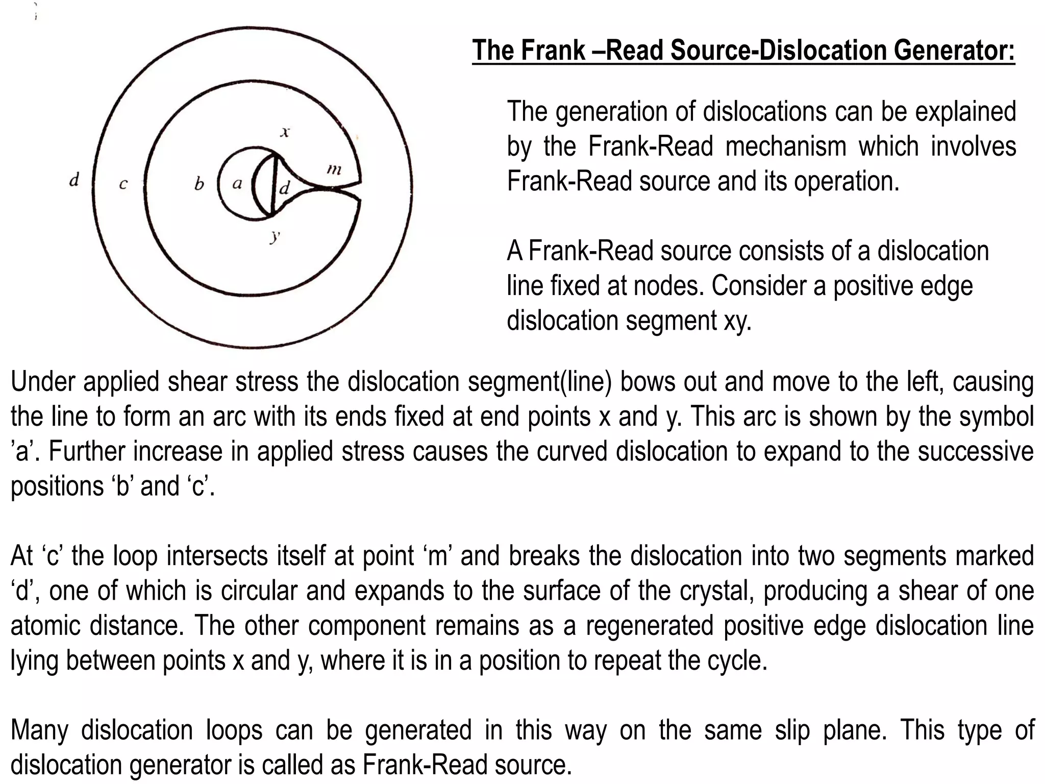 The Frank –Read Source-Dislocation Generator:
The generation of dislocations can be explained
by the Frank-Read mechanism which involves
Frank-Read source and its operation.
Under applied shear stress the dislocation segment(line) bows out and move to the left, causing
the line to form an arc with its ends fixed at end points x and y. This arc is shown by the symbol
’a’. Further increase in applied stress causes the curved dislocation to expand to the successive
positions ‘b’ and ‘c’.
At ‘c’ the loop intersects itself at point ‘m’ and breaks the dislocation into two segments marked
‘d’, one of which is circular and expands to the surface of the crystal, producing a shear of one
atomic distance. The other component remains as a regenerated positive edge dislocation line
lying between points x and y, where it is in a position to repeat the cycle.
Many dislocation loops can be generated in this way on the same slip plane. This type of
dislocation generator is called as Frank-Read source.
A Frank-Read source consists of a dislocation
line fixed at nodes. Consider a positive edge
dislocation segment xy.
 