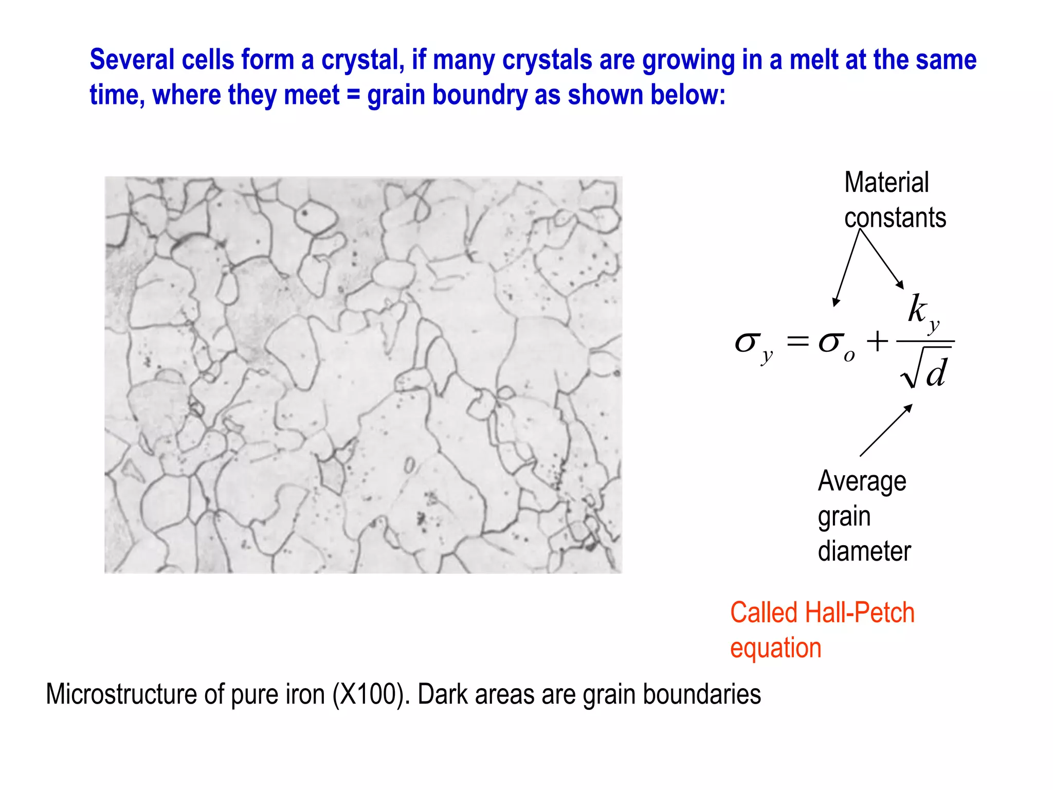 Several cells form a crystal, if many crystals are growing in a melt at the same
time, where they meet = grain boundry as shown below:
d
ky
oy ss
Material
constants
Average
grain
diameter
Called Hall-Petch
equation
Microstructure of pure iron (X100). Dark areas are grain boundaries
 