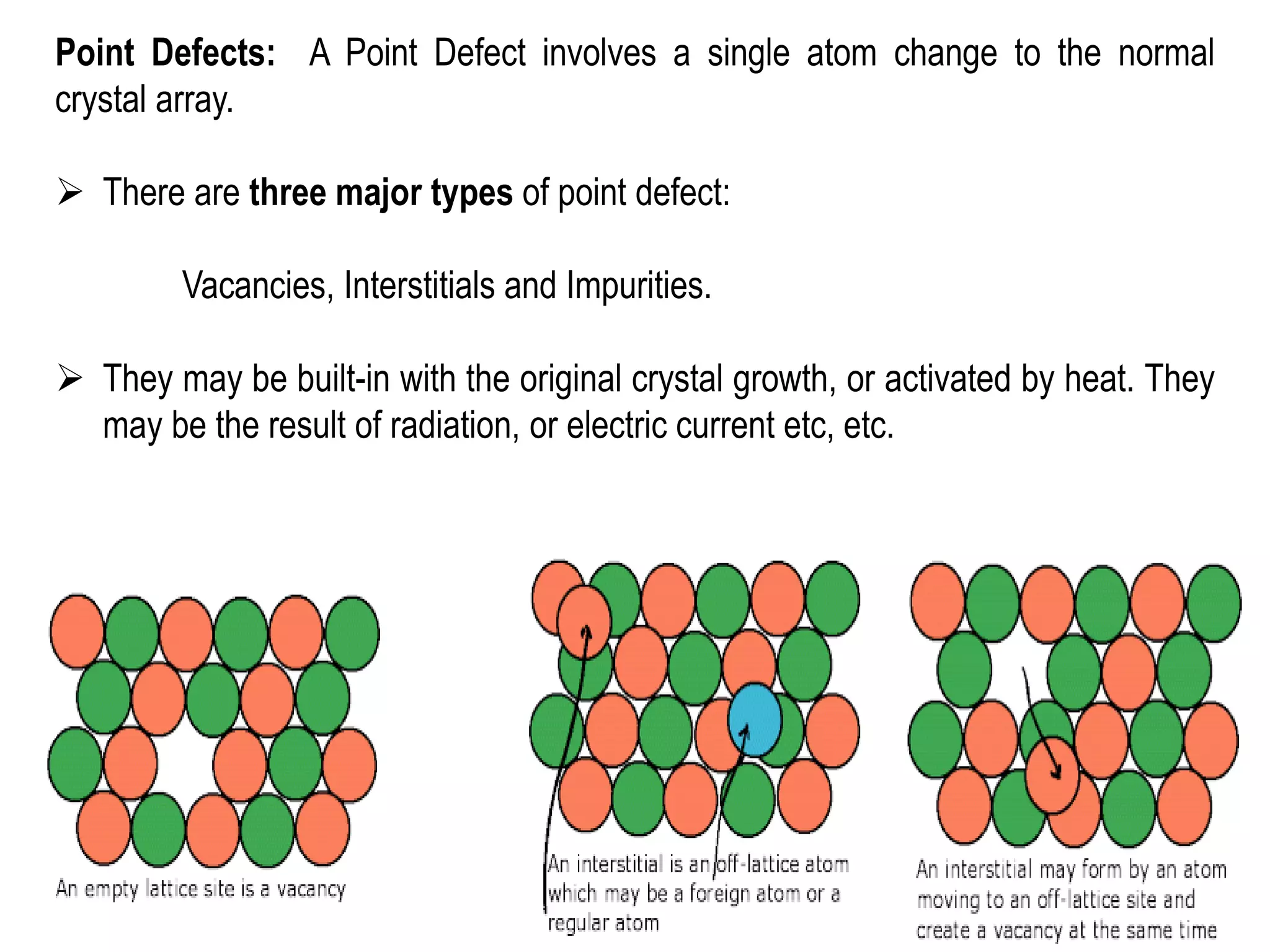 Point Defects: A Point Defect involves a single atom change to the normal
crystal array.
➢ There are three major types of point defect:
Vacancies, Interstitials and Impurities.
➢ They may be built-in with the original crystal growth, or activated by heat. They
may be the result of radiation, or electric current etc, etc.
 