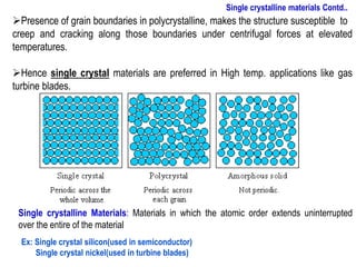 ➢Presence of grain boundaries in polycrystalline, makes the structure susceptible to
creep and cracking along those boundaries under centrifugal forces at elevated
temperatures.
➢Hence single crystal materials are preferred in High temp. applications like gas
turbine blades.
Single crystalline Materials: Materials in which the atomic order extends uninterrupted
over the entire of the material
Ex: Single crystal silicon(used in semiconductor)
Single crystal nickel(used in turbine blades)
Single crystalline materials Contd..
 