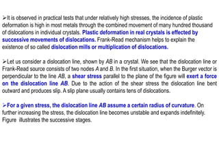 ➢It is observed in practical tests that under relatively high stresses, the incidence of plastic
deformation is high in most metals through the combined movement of many hundred thousand
of dislocations in individual crystals. Plastic deformation in real crystals is effected by
successive movements of dislocations. Frank-Read mechanism helps to explain the
existence of so called dislocation mills or multiplication of dislocations.
➢Let us consider a dislocation line, shown by AB in a crystal. We see that the dislocation line or
Frank-Read source consists of two nodes A and B. In the first situation, when the Burger vector is
perpendicular to the line AB, a shear stress parallel to the plane of the figure will exert a force
on the dislocation line AB. Due to the action of the shear stress the dislocation line bent
outward and produces slip. A slip plane usually contains tens of dislocations.
➢For a given stress, the dislocation line AB assume a certain radius of curvature. On
further increasing the stress, the dislocation line becomes unstable and expands indefinitely.
Figure illustrates the successive stages.
 