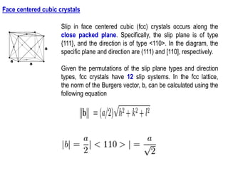 Face centered cubic crystals
Slip in face centered cubic (fcc) crystals occurs along the
close packed plane. Specifically, the slip plane is of type
{111}, and the direction is of type <110>. In the diagram, the
specific plane and direction are (111) and [110], respectively.
Given the permutations of the slip plane types and direction
types, fcc crystals have 12 slip systems. In the fcc lattice,
the norm of the Burgers vector, b, can be calculated using the
following equation
 