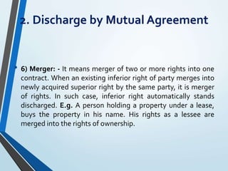 2. Discharge by Mutual Agreement
• 6) Merger: - It means merger of two or more rights into one
contract. When an existing inferior right of party merges into
newly acquired superior right by the same party, it is merger
of rights. In such case, inferior right automatically stands
discharged. E.g. A person holding a property under a lease,
buys the property in his name. His rights as a lessee are
merged into the rights of ownership.
 