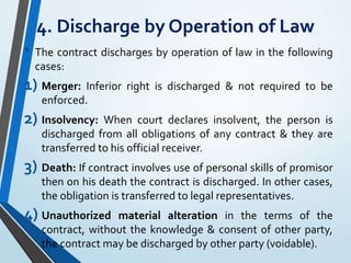 4. Discharge by Operation of Law
• The contract discharges by operation of law in the following
cases:
1) Merger: Inferior right is discharged & not required to be
enforced.
2) Insolvency: When court declares insolvent, the person is
discharged from all obligations of any contract & they are
transferred to his official receiver.
3) Death: If contract involves use of personal skills of promisor
then on his death the contract is discharged. In other cases,
the obligation is transferred to legal representatives.
4) Unauthorized material alteration in the terms of the
contract, without the knowledge & consent of other party,
the contract may be discharged by other party (voidable).
 