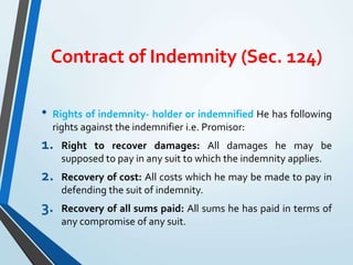 Contract of Indemnity (Sec. 124)
• Rights of indemnity- holder or indemnified He has following
rights against the indemnifier i.e. Promisor:
1. Right to recover damages: All damages he may be
supposed to pay in any suit to which the indemnity applies.
2. Recovery of cost: All costs which he may be made to pay in
defending the suit of indemnity.
3. Recovery of all sums paid: All sums he has paid in terms of
any compromise of any suit.
 
