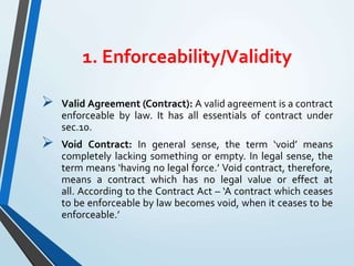 1. Enforceability/Validity
 Valid Agreement (Contract): A valid agreement is a contract
enforceable by law. It has all essentials of contract under
sec.10.
 Void Contract: In general sense, the term ‘void’ means
completely lacking something or empty. In legal sense, the
term means ‘having no legal force.’ Void contract, therefore,
means a contract which has no legal value or effect at
all. According to the Contract Act – ‘A contract which ceases
to be enforceable by law becomes void, when it ceases to be
enforceable.’
 