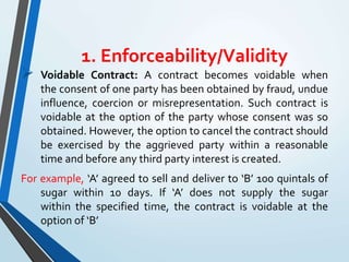 1. Enforceability/Validity
 Voidable Contract: A contract becomes voidable when
the consent of one party has been obtained by fraud, undue
influence, coercion or misrepresentation. Such contract is
voidable at the option of the party whose consent was so
obtained. However, the option to cancel the contract should
be exercised by the aggrieved party within a reasonable
time and before any third party interest is created.
For example, ‘A’ agreed to sell and deliver to ‘B’ 100 quintals of
sugar within 10 days. If ‘A’ does not supply the sugar
within the specified time, the contract is voidable at the
option of ‘B’
 