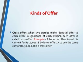 Kinds of Offer
• Cross offer: When two parties make identical offer to
each other in ignorance of each other’s, such offer is
called cross offer. Example – A by letter offers to sell his
car to B for Rs 50,000. B by letter offers A to buy the same
car for Rs. 50,000. It is a cross offer.
 