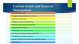 Current trends and Issues in
Management
Work force diversity
Changing demographics of workforce
Internal environment
Chang...
