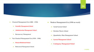  Classical Management Era (1880 – 1930)
 Scientific Management School
 Administration Management School
 Bureaucracy M...