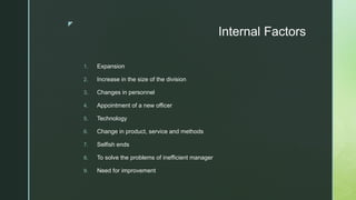 z
Internal Factors
1. Expansion
2. Increase in the size of the division
3. Changes in personnel
4. Appointment of a new officer
5. Technology
6. Change in product, service and methods
7. Selfish ends
8. To solve the problems of inefficient manager
9. Need for improvement
 