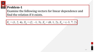 224
Problem-1
Examine the following vectors for linear dependence and
find the relation if it exists.
 