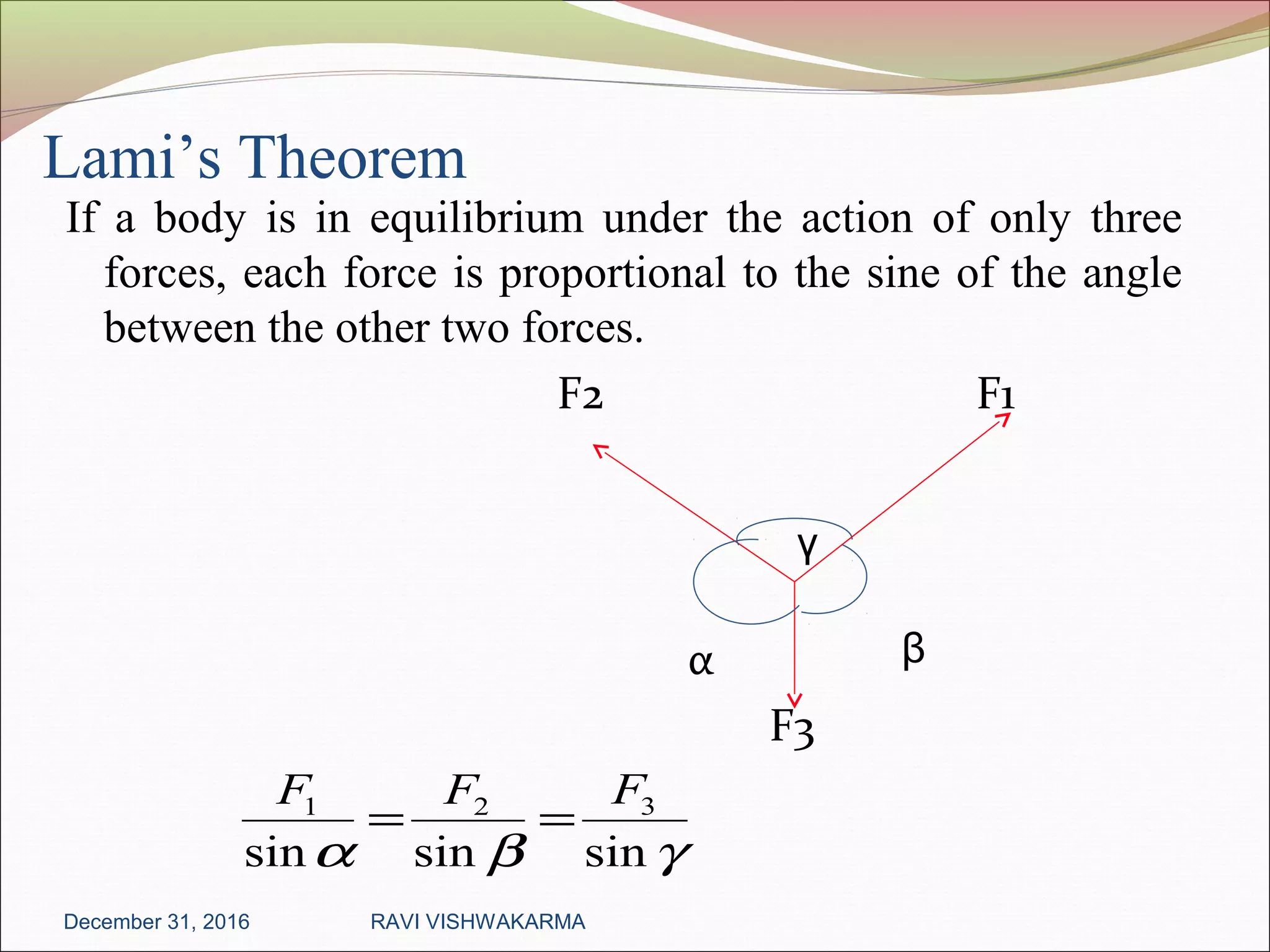 Lami’s Theorem
If a body is in equilibrium under the action of only three
forces, each force is proportional to the sine of the angle
between the other two forces.
F2 F1
α
F3
γ
β
γβα sinsinsin
321 FFF
==
December 31, 2016 RAVI VISHWAKARMA
 