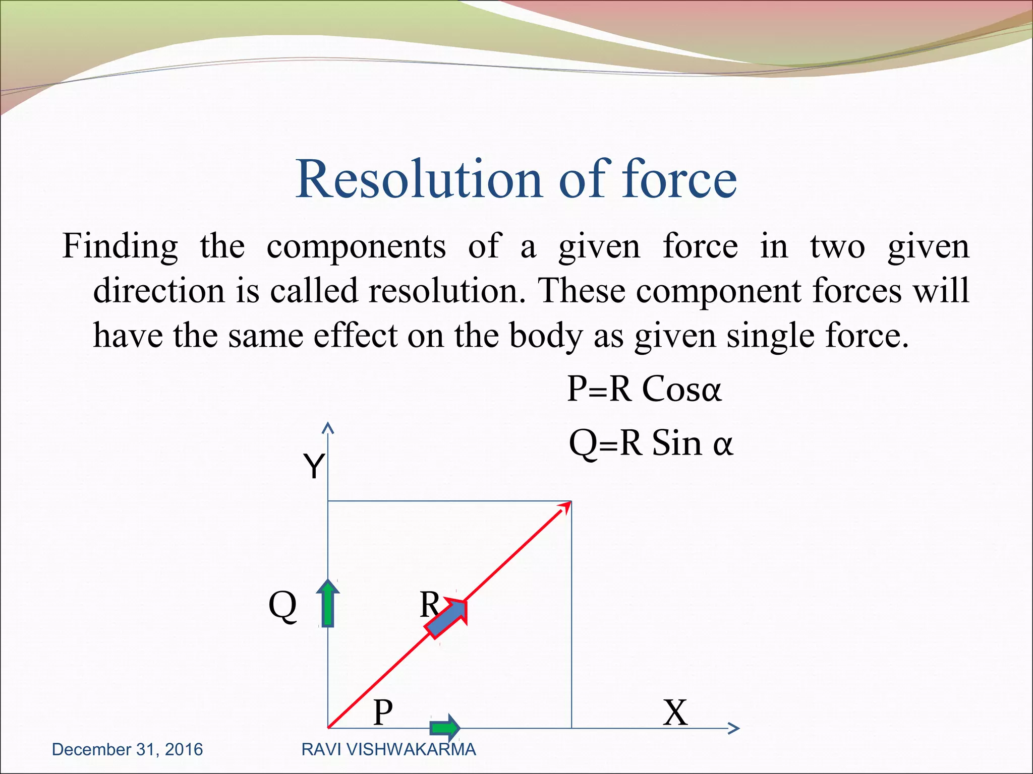 Resolution of force
Finding the components of a given force in two given
direction is called resolution. These component forces will
have the same effect on the body as given single force.
P=R Cosα
Q=R Sin α
Q R
P X
Y
December 31, 2016 RAVI VISHWAKARMA
 