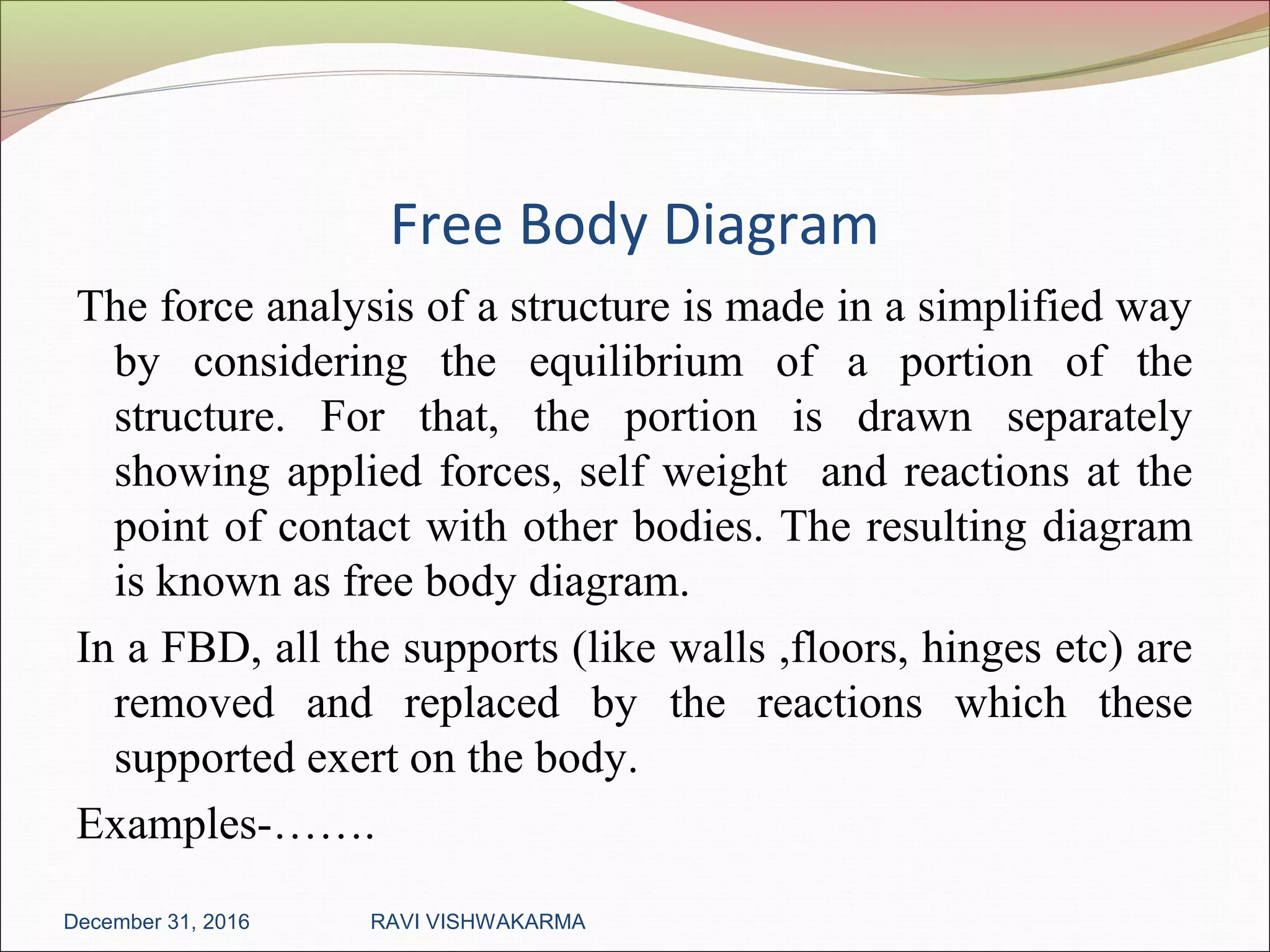 Free Body Diagram
The force analysis of a structure is made in a simplified way
by considering the equilibrium of a portion of the
structure. For that, the portion is drawn separately
showing applied forces, self weight and reactions at the
point of contact with other bodies. The resulting diagram
is known as free body diagram.
In a FBD, all the supports (like walls ,floors, hinges etc) are
removed and replaced by the reactions which these
supported exert on the body.
Examples-…….
December 31, 2016 RAVI VISHWAKARMA
 