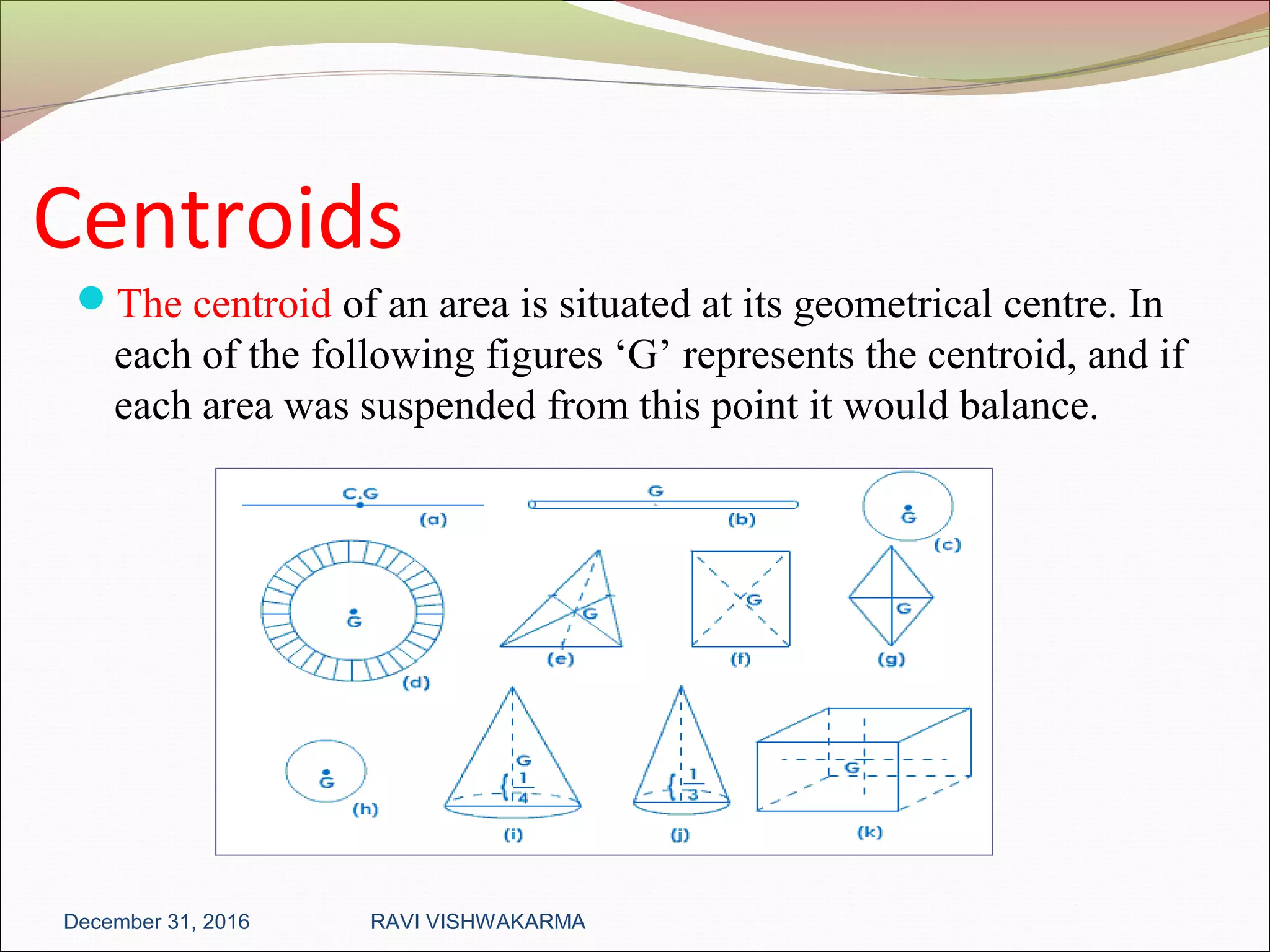 Centroids
The centroid of an area is situated at its geometrical centre. In
each of the following figures ‘G’ represents the centroid, and if
each area was suspended from this point it would balance.
December 31, 2016 RAVI VISHWAKARMA
 