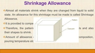 Shrinkage Allowance
Almost all materials shrink when they are changed from liquid to solid
state. An allowance for this s...