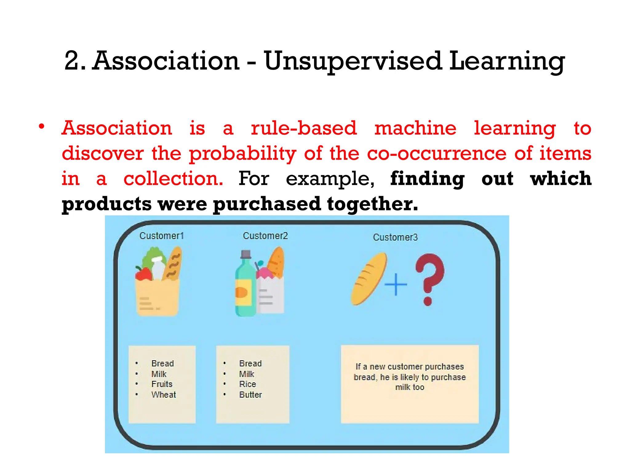 2. Association - Unsupervised Learning
• Association is a rule-based machine learning to
discover the probability of the co-occurrence of items
in a collection. For example, finding out which
products were purchased together.
 