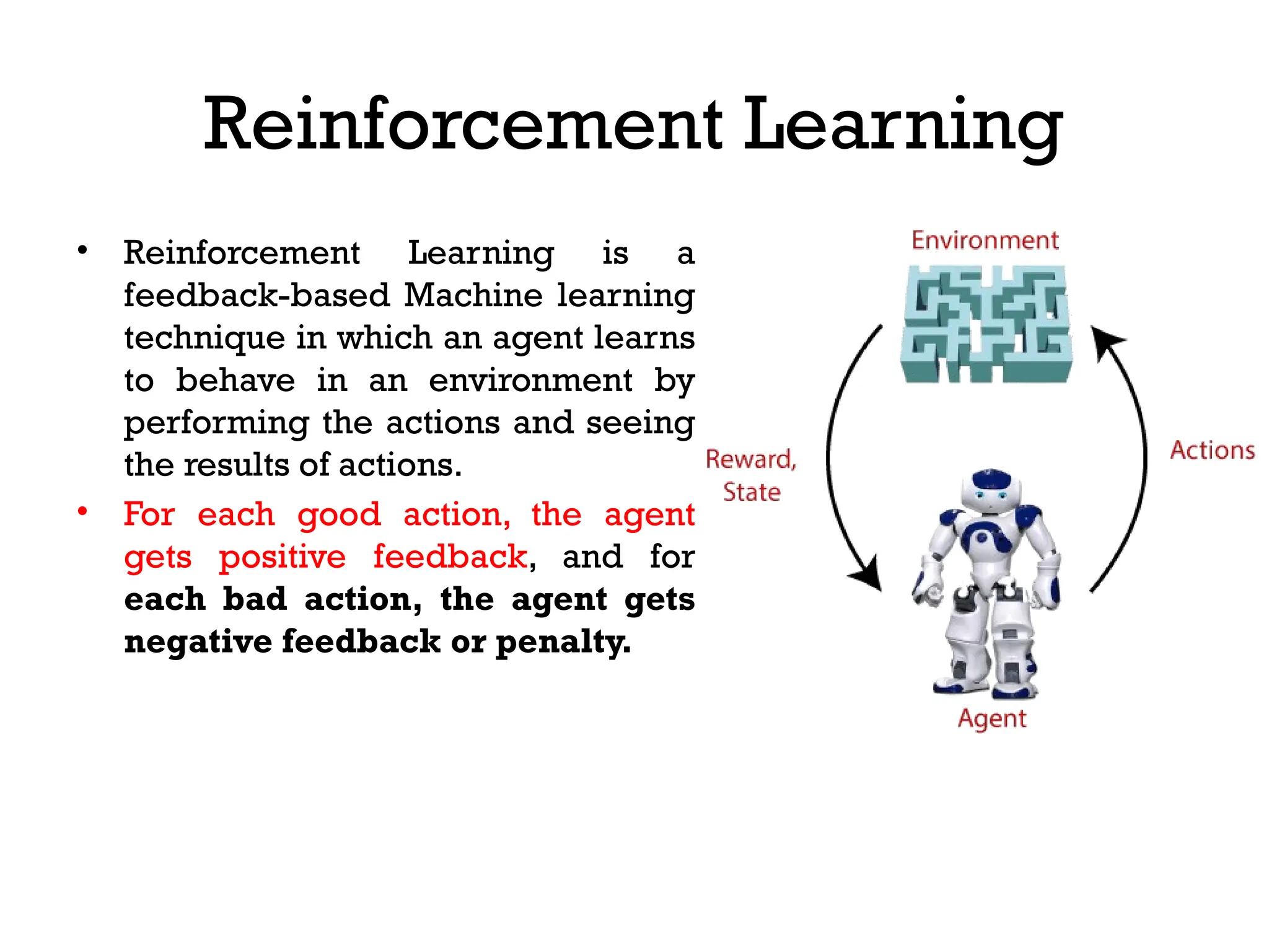 Reinforcement Learning
• Reinforcement Learning is a
feedback-based Machine learning
technique in which an agent learns
to behave in an environment by
performing the actions and seeing
the results of actions.
• For each good action, the agent
gets positive feedback, and for
each bad action, the agent gets
negative feedback or penalty.
 