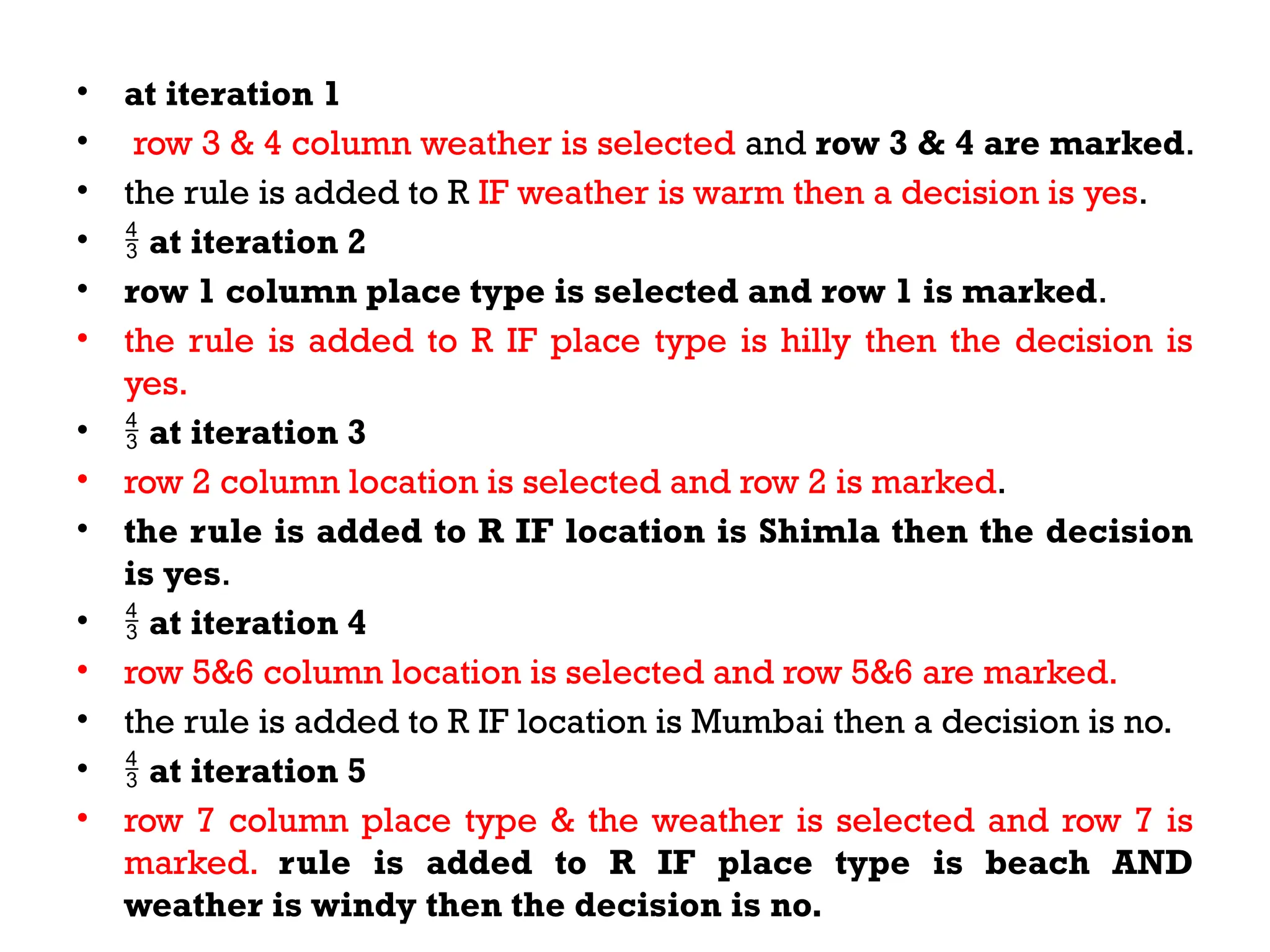 • at iteration 1
• row 3 & 4 column weather is selected and row 3 & 4 are marked.
• the rule is added to R IF weather is warm then a decision is yes.
•  at iteration 2
• row 1 column place type is selected and row 1 is marked.
• the rule is added to R IF place type is hilly then the decision is
yes.
•  at iteration 3
• row 2 column location is selected and row 2 is marked.
• the rule is added to R IF location is Shimla then the decision
is yes.
•  at iteration 4
• row 5&6 column location is selected and row 5&6 are marked.
• the rule is added to R IF location is Mumbai then a decision is no.
•  at iteration 5
• row 7 column place type & the weather is selected and row 7 is
marked. rule is added to R IF place type is beach AND
weather is windy then the decision is no.
 