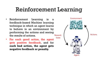 Reinforcement Learning
• Reinforcement Learning is a
feedback-based Machine learning
technique in which an agent learns
to behave in an environment by
performing the actions and seeing
the results of actions.
• For each good action, the agent
gets positive feedback, and for
each bad action, the agent gets
negative feedback or penalty.
 