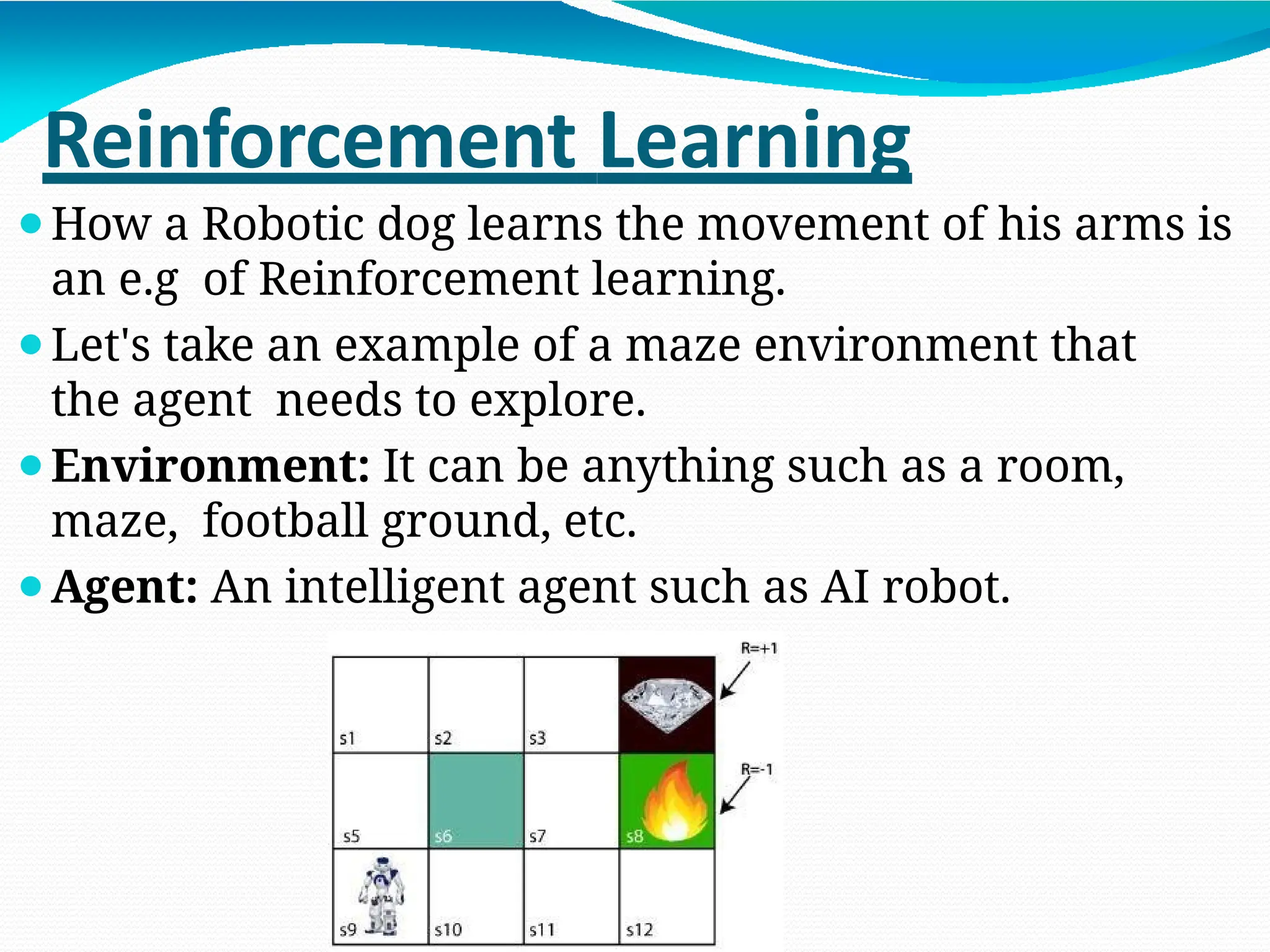 Reinforcement Learning
⚫How a Robotic dog learns the movement of his arms is
an e.g of Reinforcement learning.
⚫Let's take an example of a maze environment that
the agent needs to explore.
⚫Environment: It can be anything such as a room,
maze, football ground, etc.
⚫Agent: An intelligent agent such as AI robot.
 