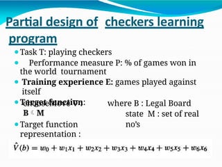 Partial design of checkers learning
program
⚫Task T: playing checkers
⚫ Performance measure P: % of games won in
the world tournament
⚫ Training experience E: games played against
itself
⚫Target function:
chooseMove V :
BM
where B : Legal Board
state M : set of real
no’s
⚫Target function
representation :
 