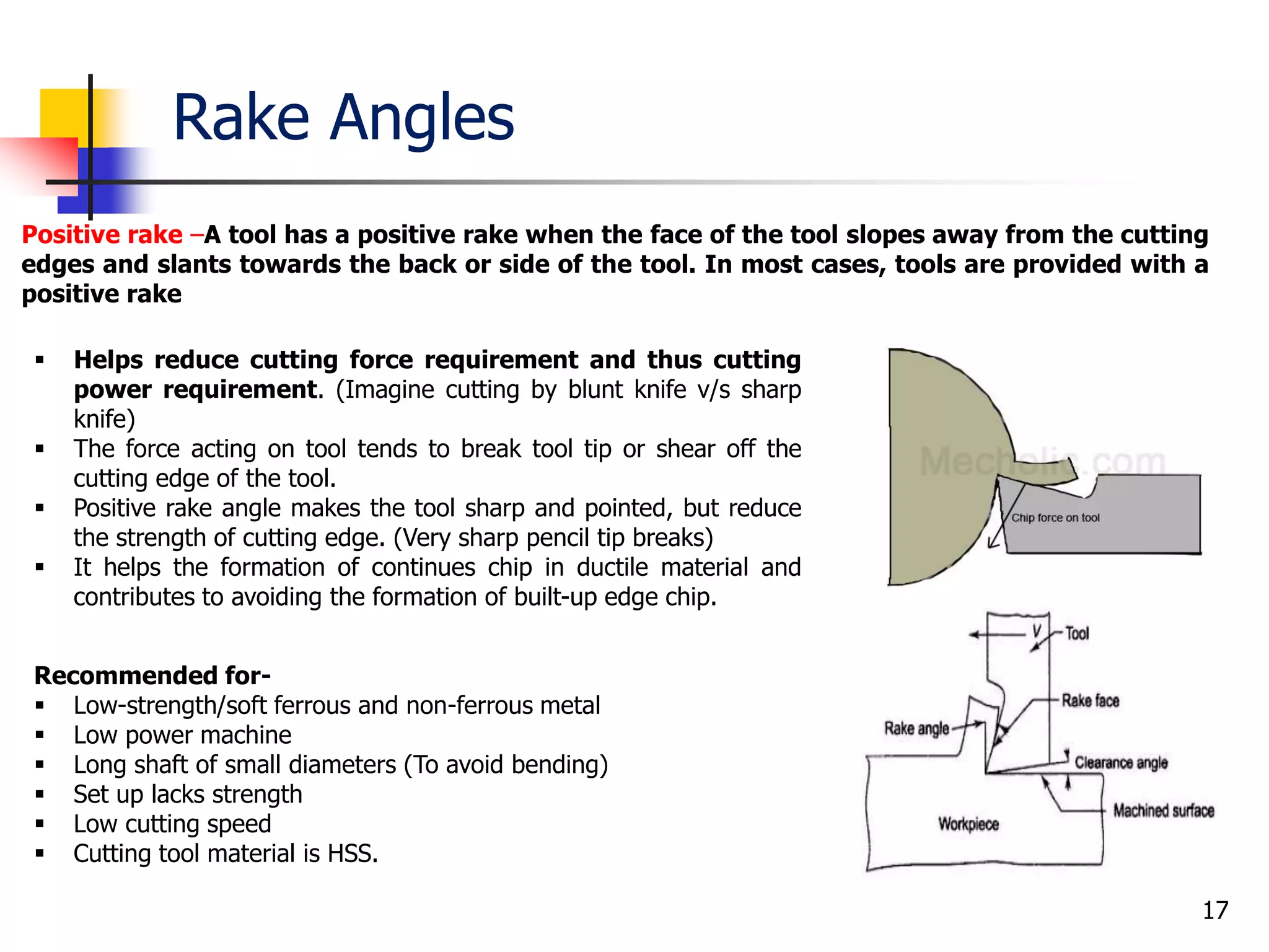 Rake Angles
17
Positive rake –A tool has a positive rake when the face of the tool slopes away from the cutting
edges and slants towards the back or side of the tool. In most cases, tools are provided with a
positive rake
 Helps reduce cutting force requirement and thus cutting
power requirement. (Imagine cutting by blunt knife v/s sharp
knife)
 The force acting on tool tends to break tool tip or shear off the
cutting edge of the tool.
 Positive rake angle makes the tool sharp and pointed, but reduce
the strength of cutting edge. (Very sharp pencil tip breaks)
 It helps the formation of continues chip in ductile material and
contributes to avoiding the formation of built-up edge chip.
Recommended for-
 Low-strength/soft ferrous and non-ferrous metal
 Low power machine
 Long shaft of small diameters (To avoid bending)
 Set up lacks strength
 Low cutting speed
 Cutting tool material is HSS.
 