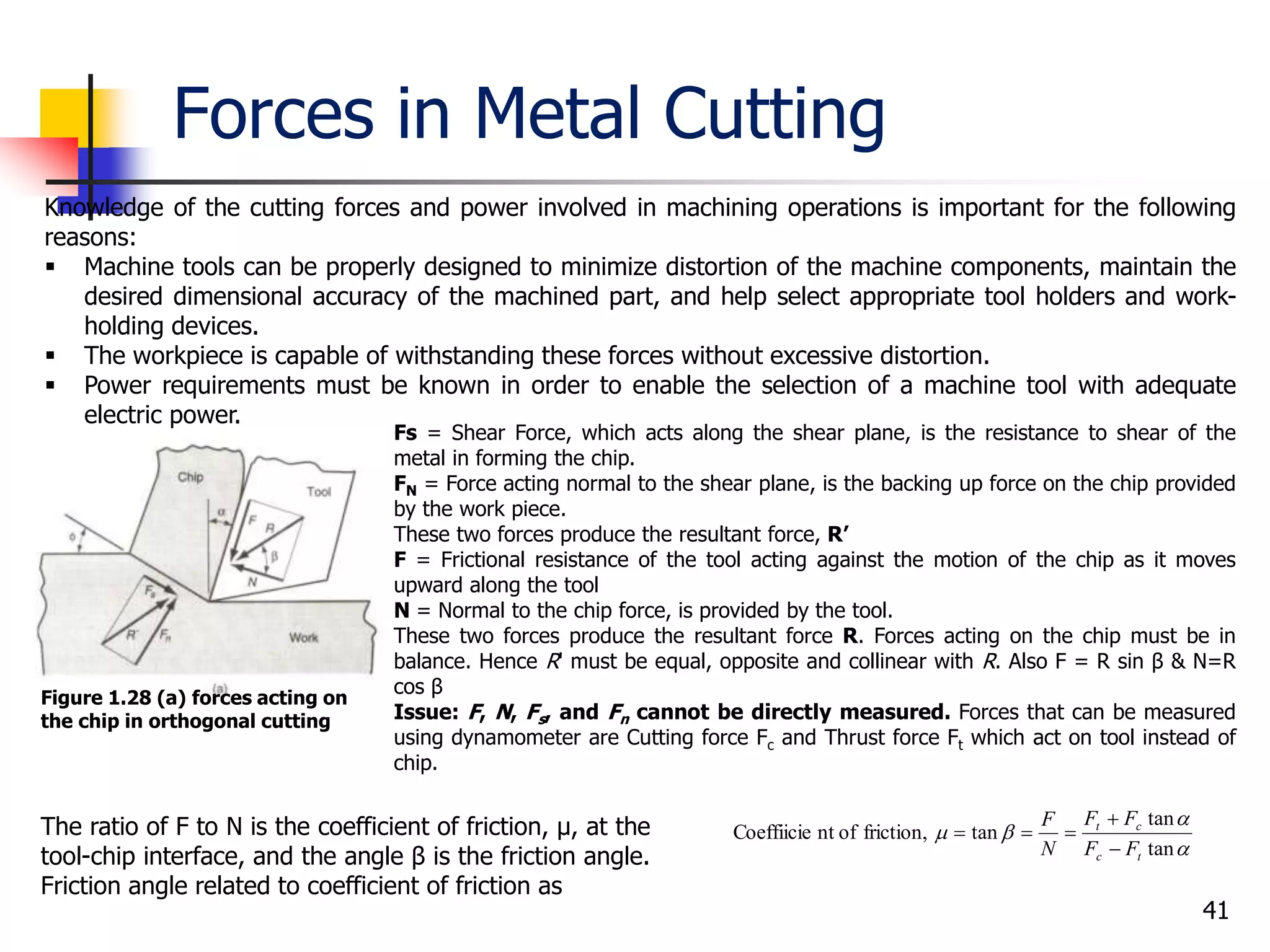 Forces in Metal Cutting
41
Knowledge of the cutting forces and power involved in machining operations is important for the following
reasons:
 Machine tools can be properly designed to minimize distortion of the machine components, maintain the
desired dimensional accuracy of the machined part, and help select appropriate tool holders and work-
holding devices.
 The workpiece is capable of withstanding these forces without excessive distortion.
 Power requirements must be known in order to enable the selection of a machine tool with adequate
electric power.
Figure 1.28 (a) forces acting on
the chip in orthogonal cutting
Fs = Shear Force, which acts along the shear plane, is the resistance to shear of the
metal in forming the chip.
FN = Force acting normal to the shear plane, is the backing up force on the chip provided
by the work piece.
These two forces produce the resultant force, R’
F = Frictional resistance of the tool acting against the motion of the chip as it moves
upward along the tool
N = Normal to the chip force, is provided by the tool.
These two forces produce the resultant force R. Forces acting on the chip must be in
balance. Hence R' must be equal, opposite and collinear with R. Also F = R sin β & N=R
cos β
Issue: F, N, Fs, and Fn cannot be directly measured. Forces that can be measured
using dynamometer are Cutting force Fc and Thrust force Ft which act on tool instead of
chip.
The ratio of F to N is the coefficient of friction, μ, at the
tool-chip interface, and the angle β is the friction angle.
Friction angle related to coefficient of friction as



tan
tan
tanfriction,ofntCoeffiicie
tc
ct
FF
FF
N
F



 