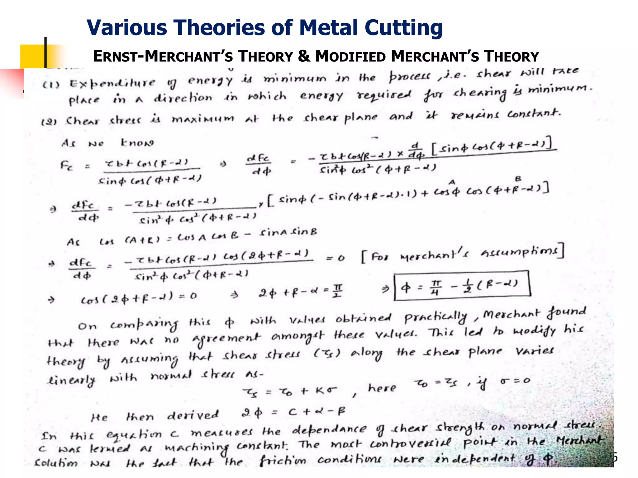 Various Theories of Metal Cutting
56
ERNST-MERCHANT’S THEORY & MODIFIED MERCHANT’S THEORY
 