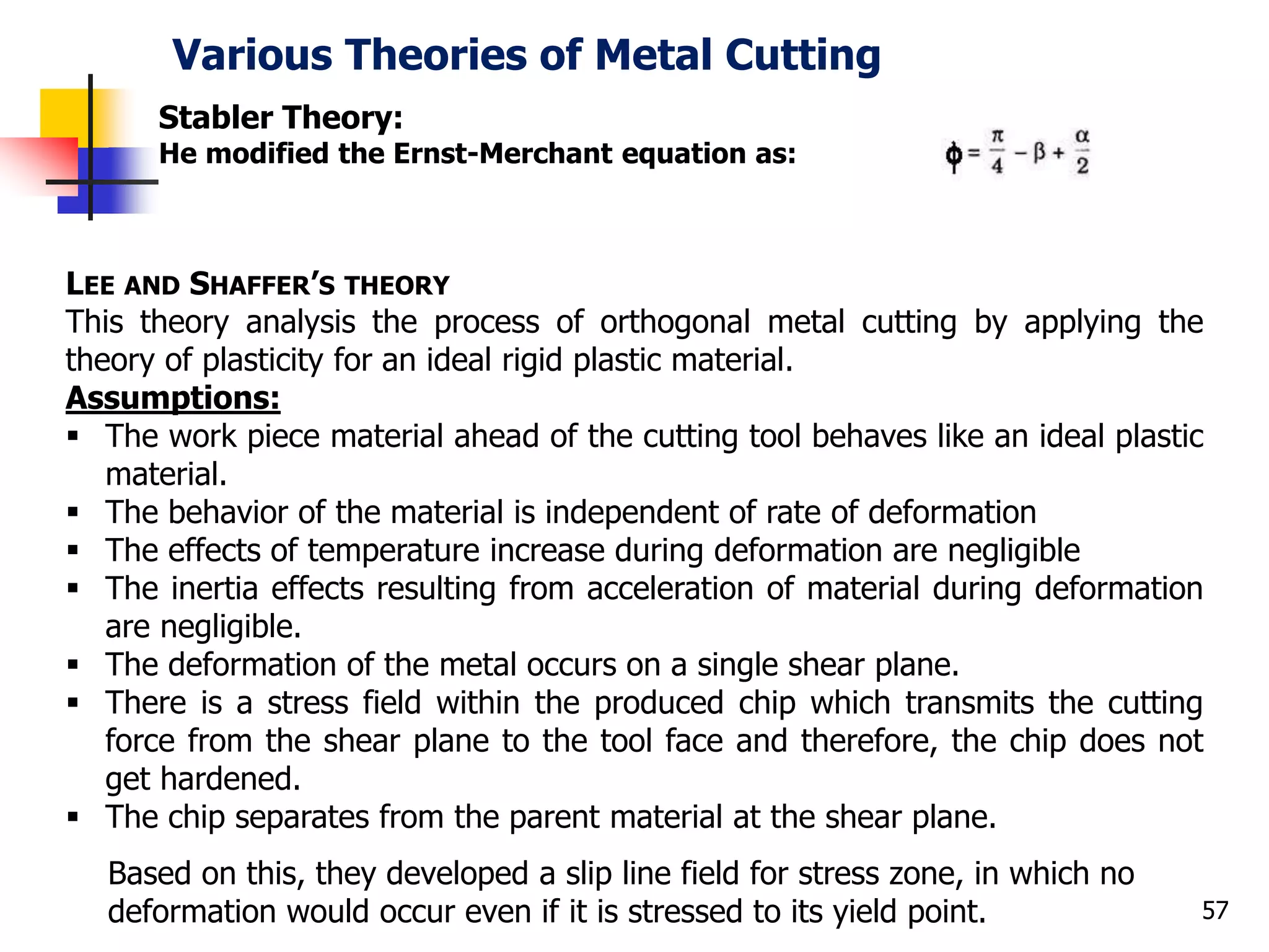 Various Theories of Metal Cutting
57
Stabler Theory:
He modified the Ernst-Merchant equation as:
LEE AND SHAFFER’S THEORY
This theory analysis the process of orthogonal metal cutting by applying the
theory of plasticity for an ideal rigid plastic material.
Assumptions:
 The work piece material ahead of the cutting tool behaves like an ideal plastic
material.
 The behavior of the material is independent of rate of deformation
 The effects of temperature increase during deformation are negligible
 The inertia effects resulting from acceleration of material during deformation
are negligible.
 The deformation of the metal occurs on a single shear plane.
 There is a stress field within the produced chip which transmits the cutting
force from the shear plane to the tool face and therefore, the chip does not
get hardened.
 The chip separates from the parent material at the shear plane.
Based on this, they developed a slip line field for stress zone, in which no
deformation would occur even if it is stressed to its yield point.
 