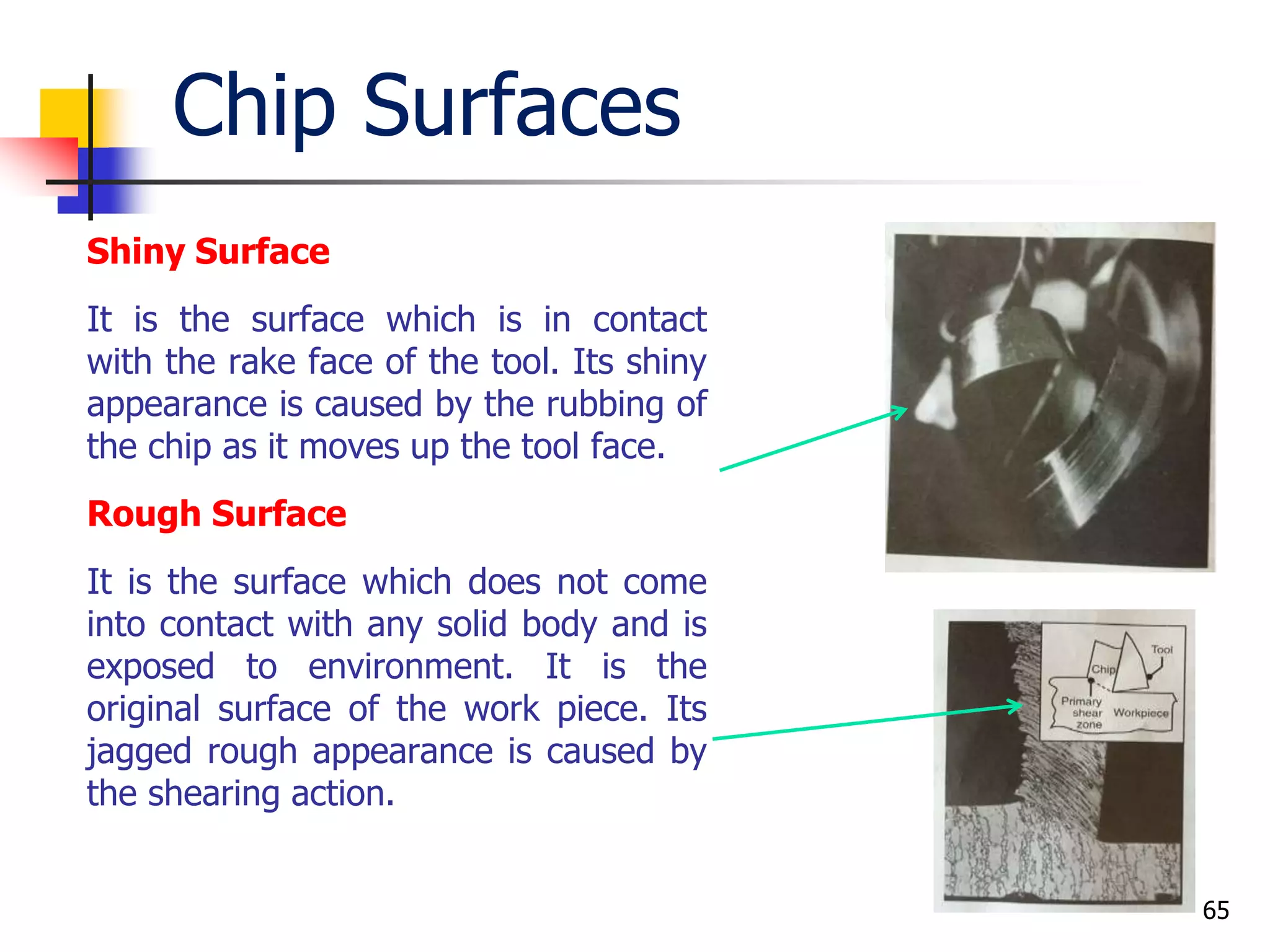 Chip Surfaces
Shiny Surface
It is the surface which is in contact
with the rake face of the tool. Its shiny
appearance is caused by the rubbing of
the chip as it moves up the tool face.
Rough Surface
It is the surface which does not come
into contact with any solid body and is
exposed to environment. It is the
original surface of the work piece. Its
jagged rough appearance is caused by
the shearing action.
65
 